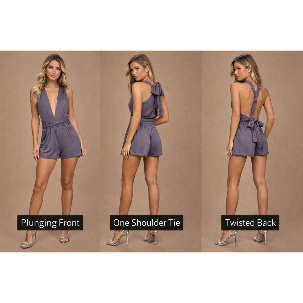 Lulus Dusty Purple Multiway Wrap Romper Plunge Halter Open Back Tie XS NWT USA - Picture 2 of 10